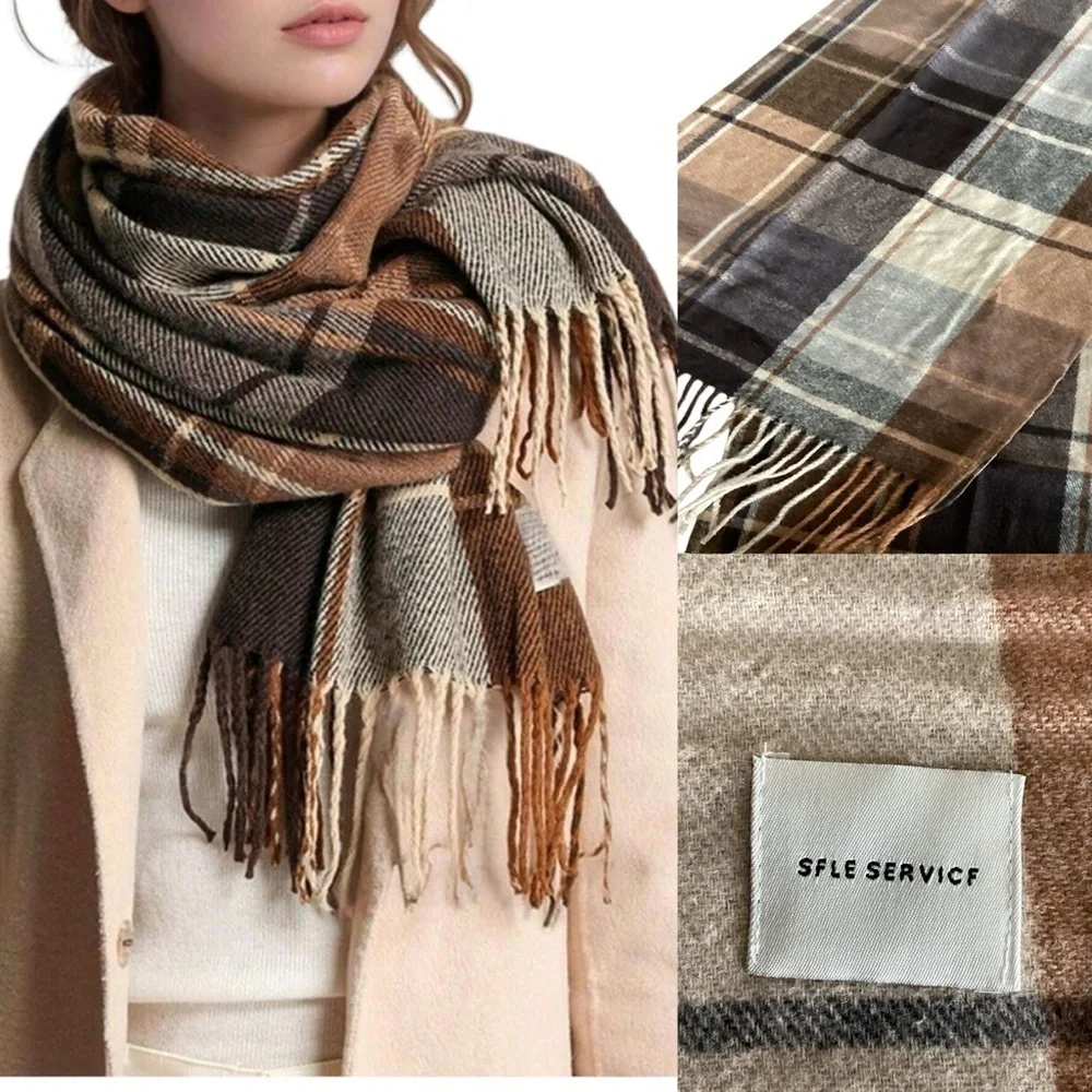 Self Service Plaid Woolen Scarf Shawl Wrap Brown Earth Tones New